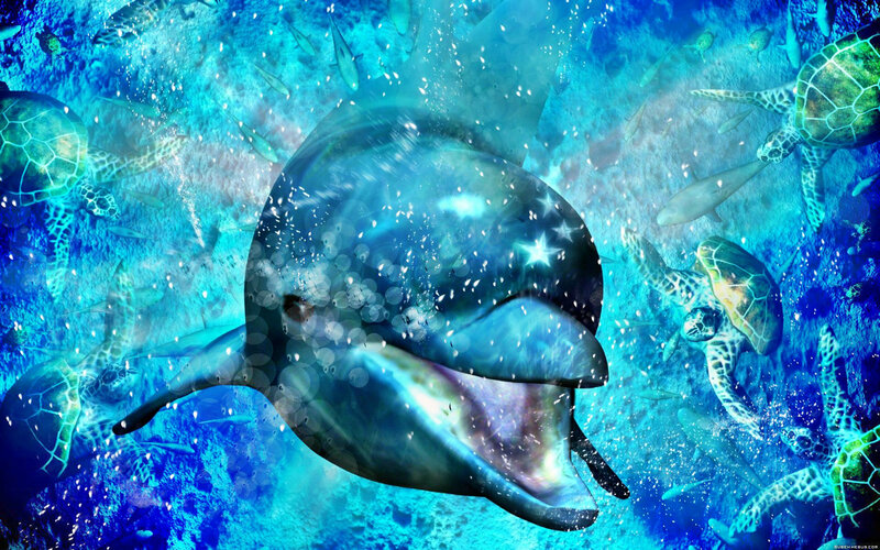 Dolphin Swimming Underwater — Blue, Serene, Digital Art, Turtles