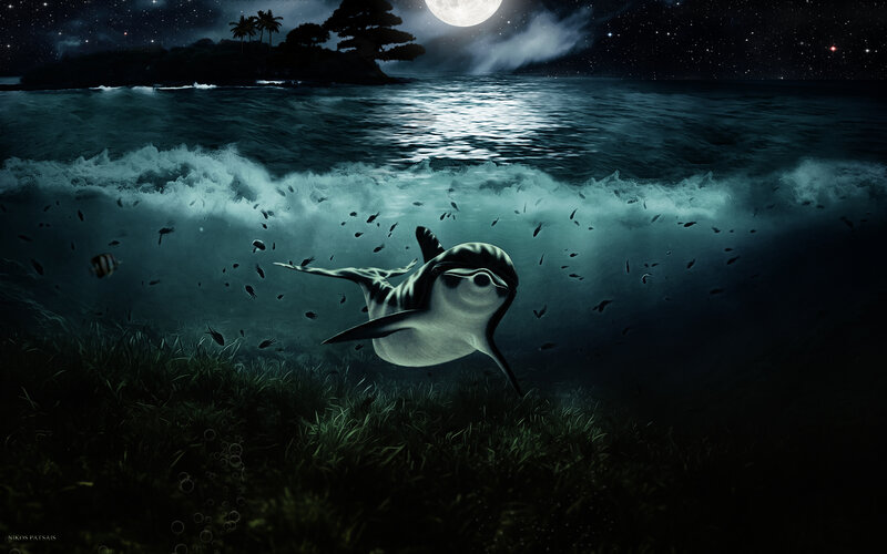 Dolphin Swimming Underwater — Blue, Serene, Night
