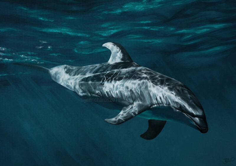 Dolphin Swimming Underwater — Blue, Serene, Painting