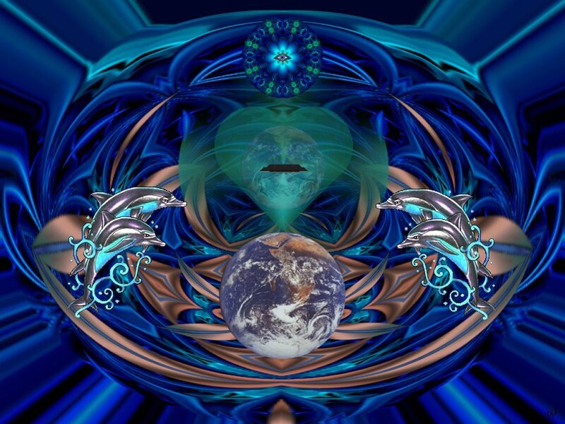 Dolphins and Earth in a blue vortex