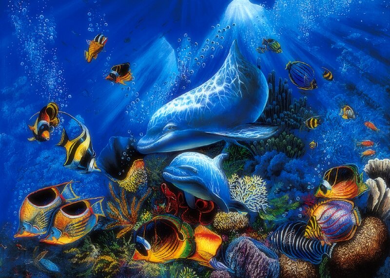 Dolphins and Tropical Fish — Blue, Vibrant, Painting