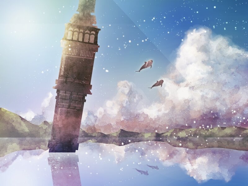 Dolphins Flying over Tower