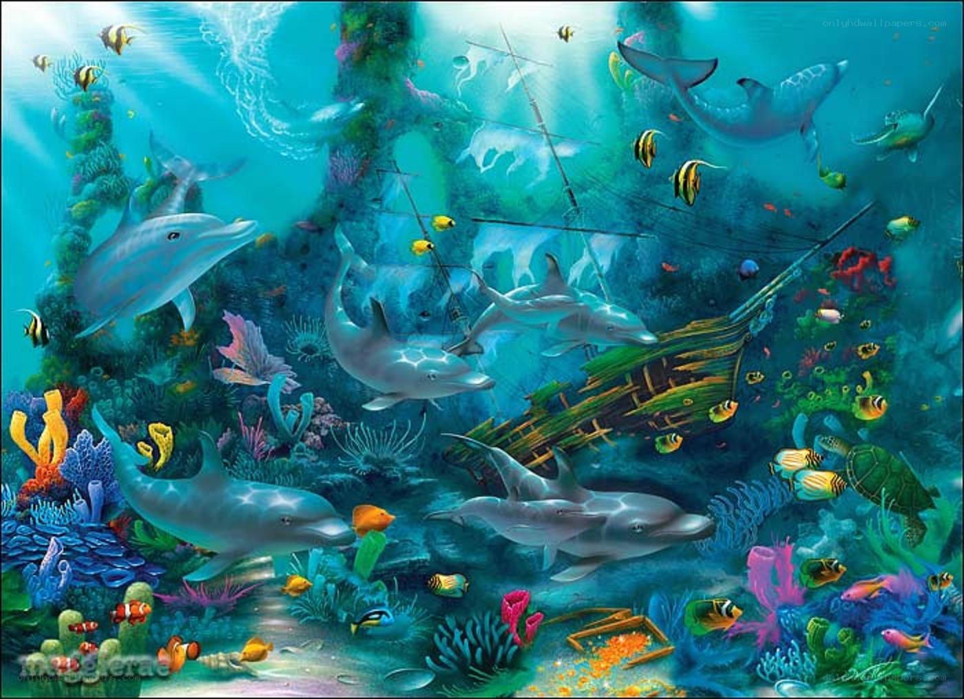 Dolphins in coral reef