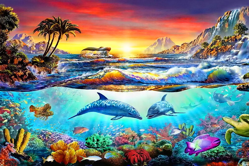 Dolphins in Coral Reef — Blue, Dramatic