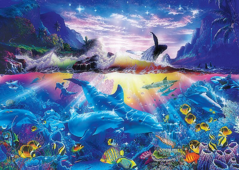 Dolphins in Coral Reef — Blue, Fantastical