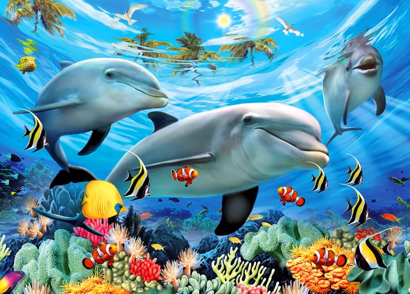 Dolphins in Coral Reef — Blue, Serene, Afternoon, Digital Art, Fish, Palm Trees
