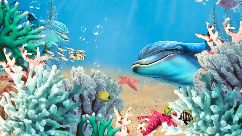 Dolphins in Coral Reef — Blue, Serene, Afternoon, Digital Art, Fish, Starfish