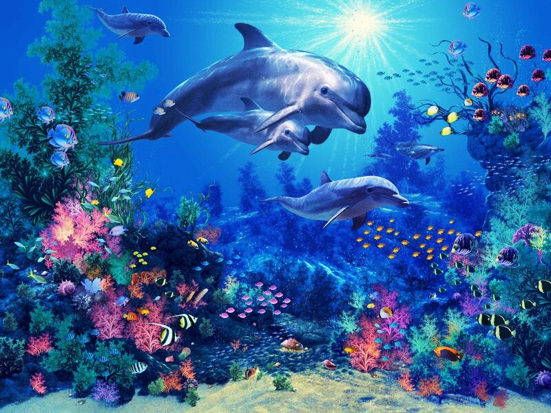 Dolphins in Coral Reef — Blue, Serene, Afternoon, Digital Art, Fish, Sunlight