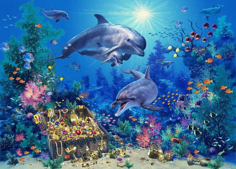 Dolphins in Coral Reef — Blue, Serene, Afternoon, Digital Art, Fish, Treasure Chest