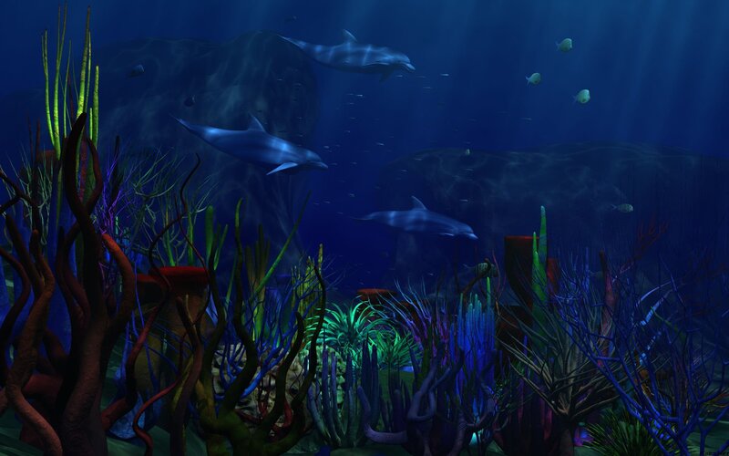 Dolphins in Coral Reef — Blue, Serene, Digital Art, Fish, Rocks