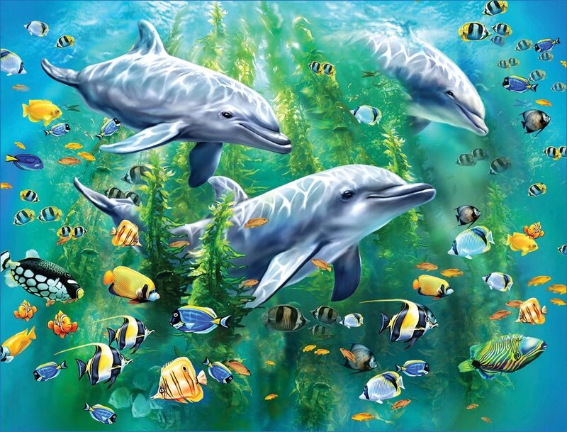 Dolphins in Coral Reef — Blue, Serene, Digital Art, Fish