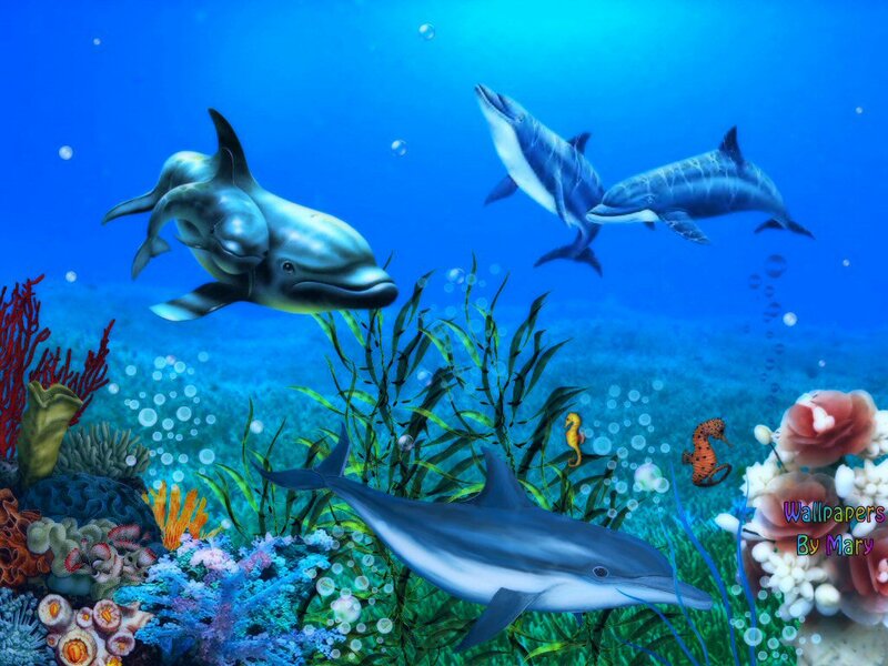 Dolphins in Coral Reef — Blue, Serene, Digital Art, Seahorse, Bubbles