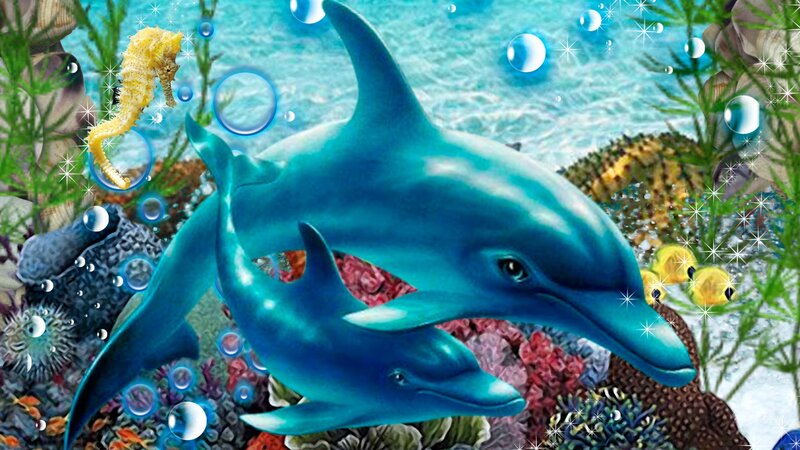 Dolphins in Coral Reef — Blue, Serene, Digital Art, Seahorse