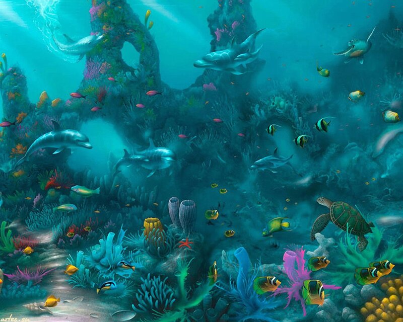 Dolphins in Coral Reef — Blue, Serene, Digital Art, Turtles