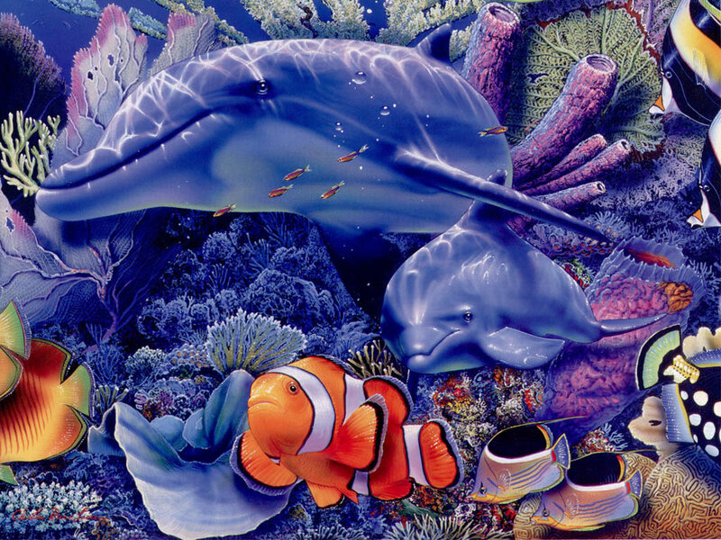 Dolphins in Coral Reef — Blue, Serene, Illustration, Clownfish