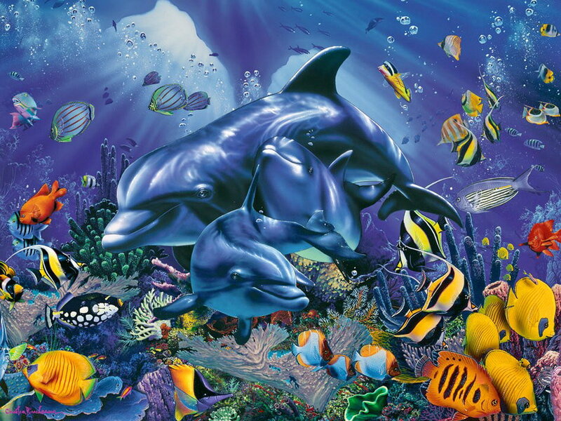 Dolphins in Coral Reef — Blue, Serene, Illustration, Fish