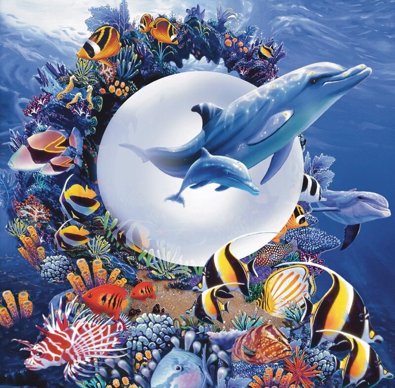 Dolphins in Coral Reef — Blue, Serene, Illustration