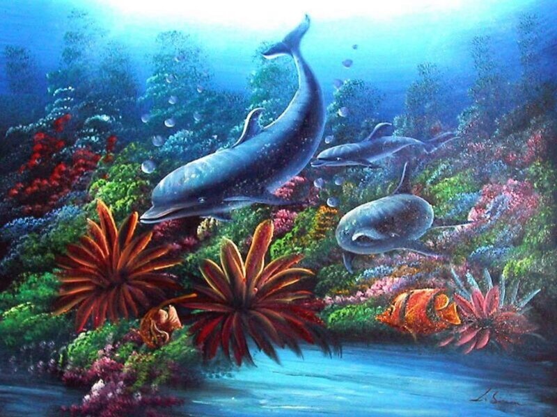 Dolphins in Coral Reef — Blue, Serene, Painting