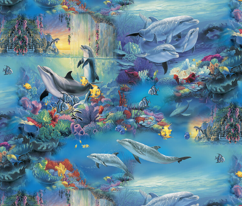 Dolphins in Coral Reef — Blue, Serene, Sunrise