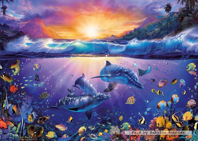 Dolphins in Coral Reef — Blue, Serene, Sunset, Digital Art, Coral Reef