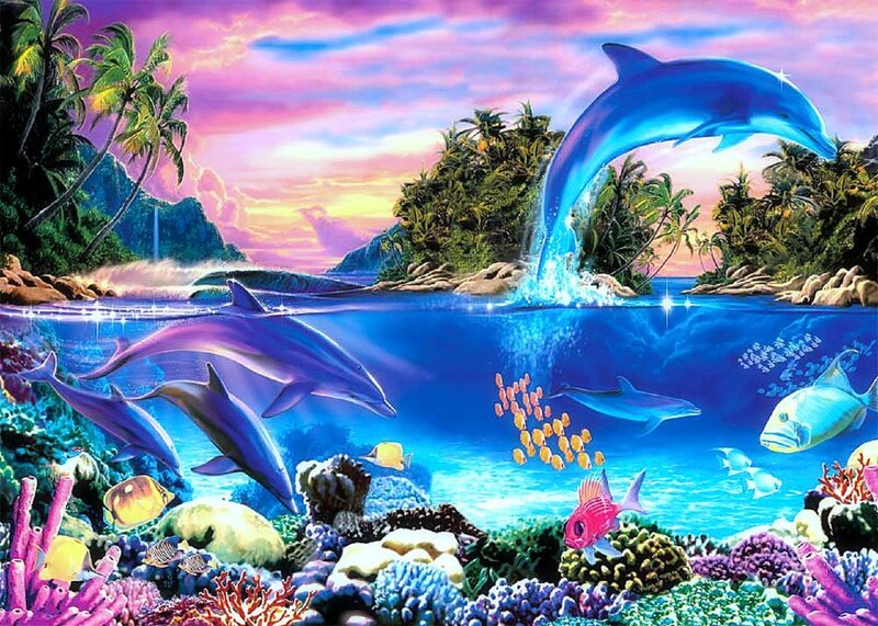 Dolphins in Coral Reef — Blue, Serene, Sunset, Digital Art, Fish, Palm Trees