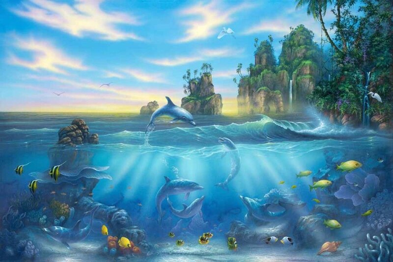 Dolphins in Coral Reef — Blue, Serene, Sunset, Digital Art