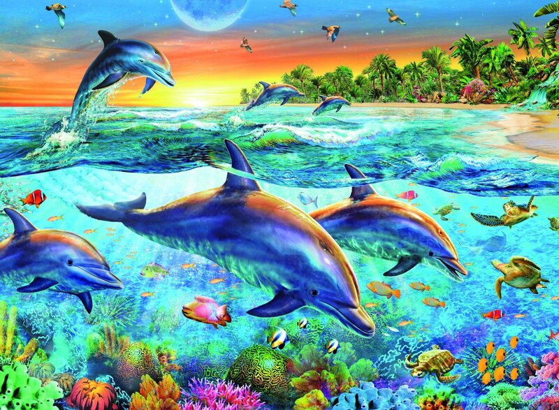 Dolphins in Coral Reef — Blue, Serene, Sunset, Digital Art, Turtles, Fish, Palm Trees