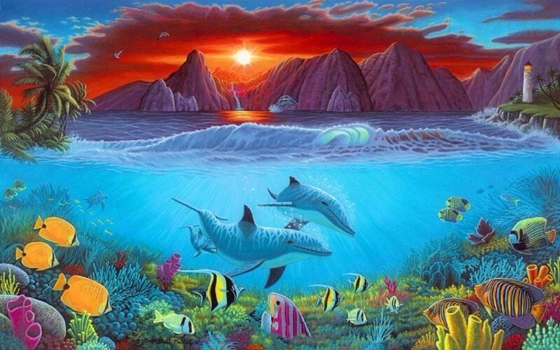 Dolphins in Coral Reef — Blue, Serene, Sunset, Painting, Fish, Mountains