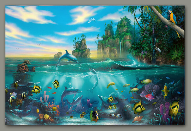 Dolphins in Coral Reef — Blue, Serene, Sunset