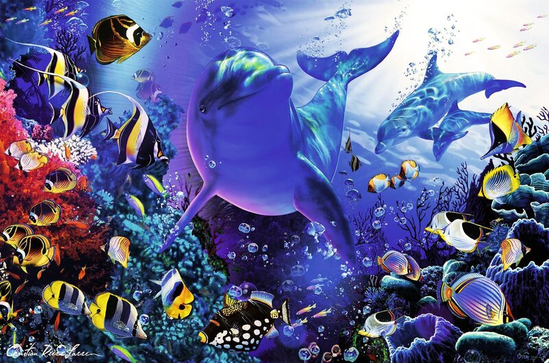 Dolphins in Coral Reef — Blue, Vibrant, Digital Art, Fish, Bubbles