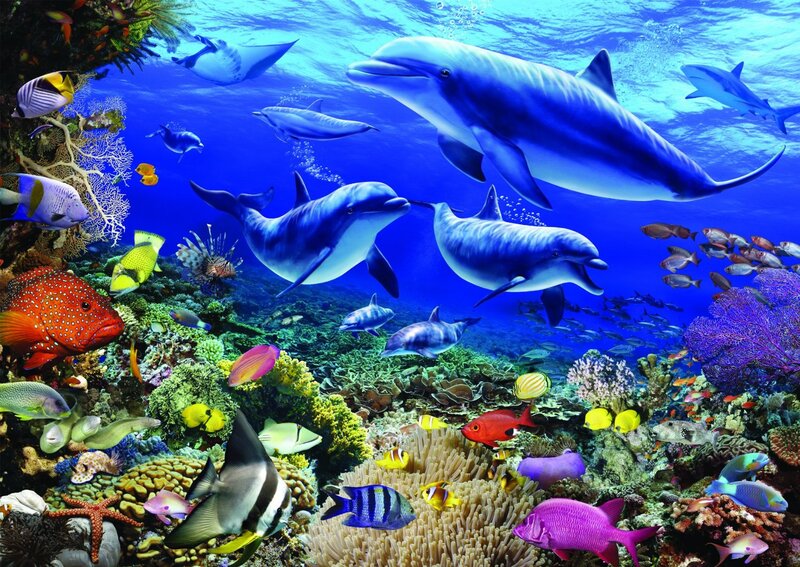 Dolphins in Coral Reef — Blue, Vibrant, Digital Art, Fish, Manta Ray