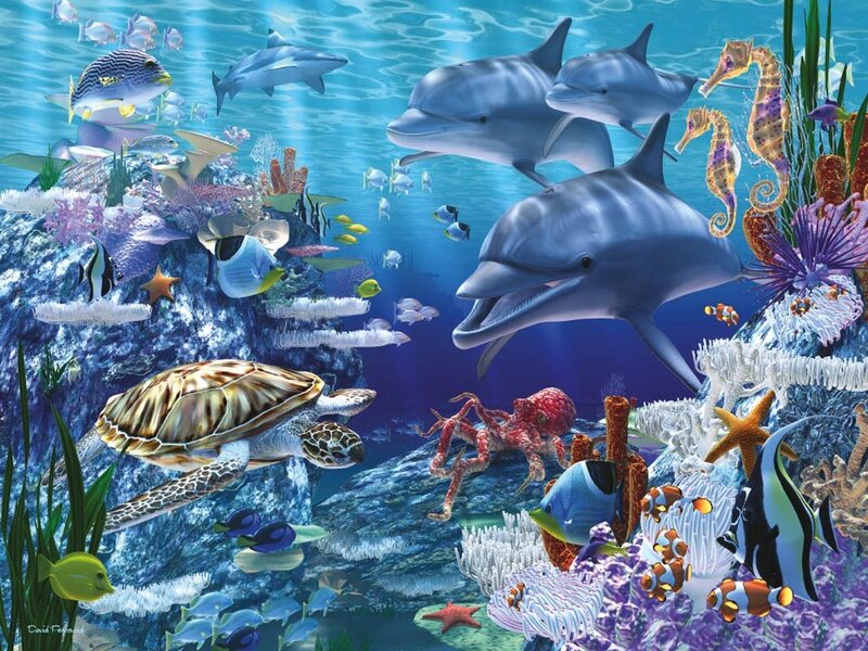 Dolphins in Coral Reef — Blue, Vibrant, Digital Art