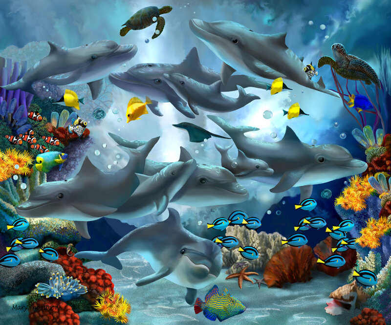 Dolphins in Coral Reef — Blue, Vibrant, Digital Art, Turtles