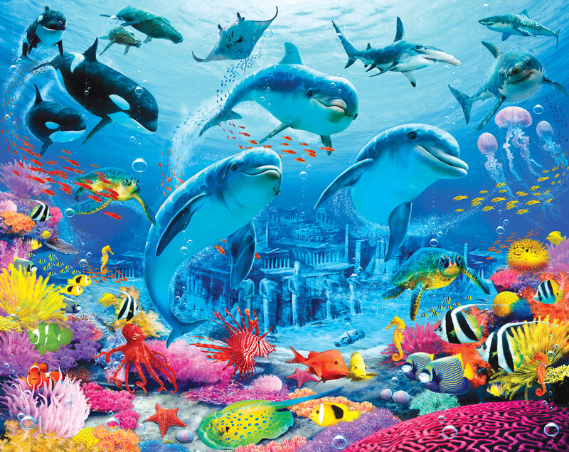 Dolphins in Coral Reef — Blue, Vibrant, Illustration, Sharks