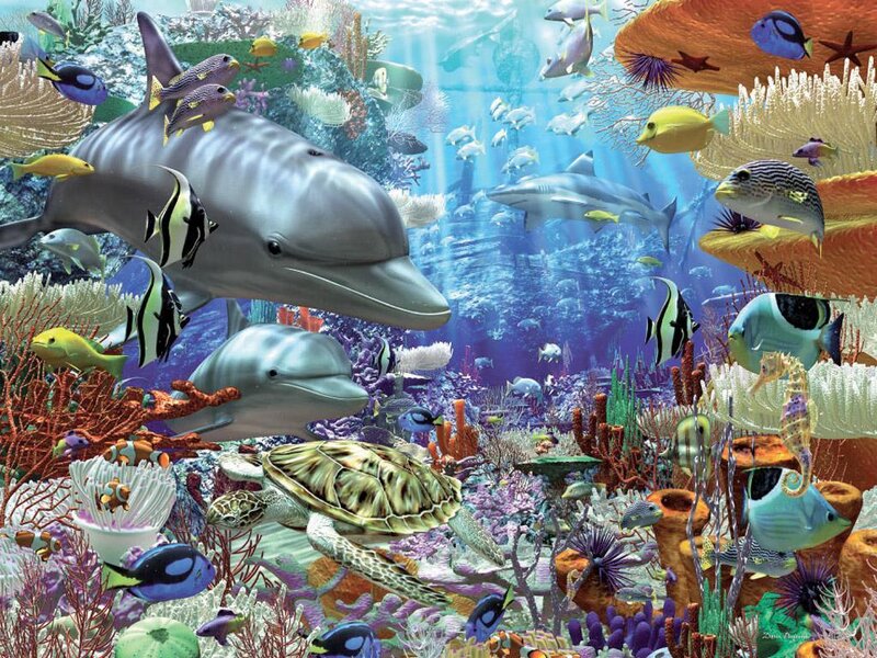 Dolphins in Coral Reef — Blue, Vibrant, Illustration