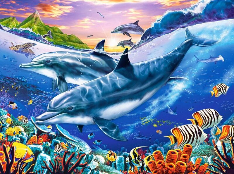 Dolphins in Coral Reef — Blue, Vibrant, Sunset, Digital Art, Coral Reef