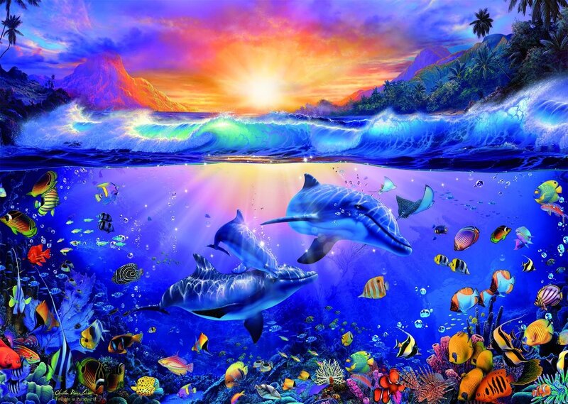 Dolphins in Coral Reef — Blue, Vibrant, Sunset, Digital Art