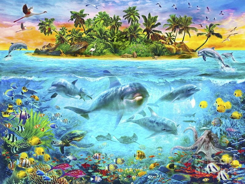 Dolphins in Coral Reef — Blue, Vibrant, Sunset, Digital Art, Tropical Island