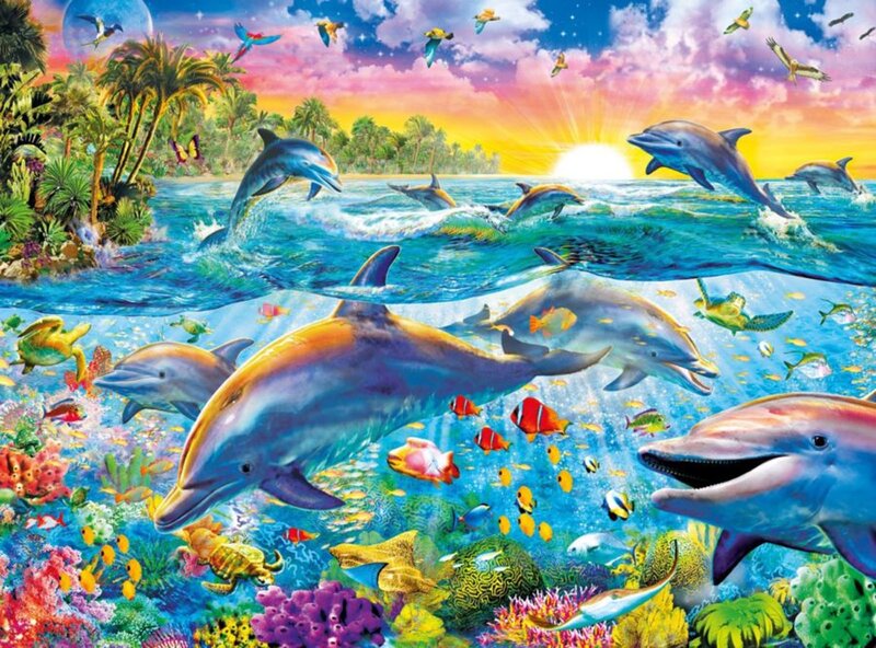 Dolphins in Coral Reef — Blue, Vibrant, Sunset, Illustration