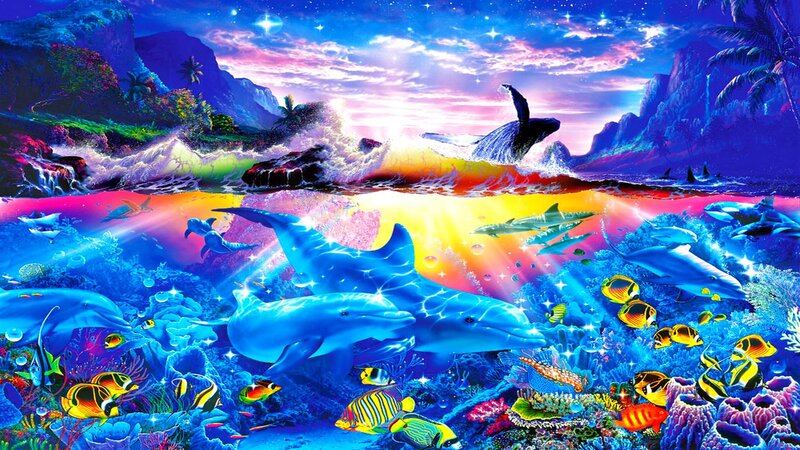 Dolphins in Coral Reef — Blue, Vibrant, Sunset