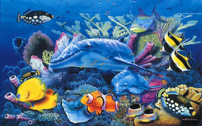 Dolphins in Coral Reef — Blue, Vibrant