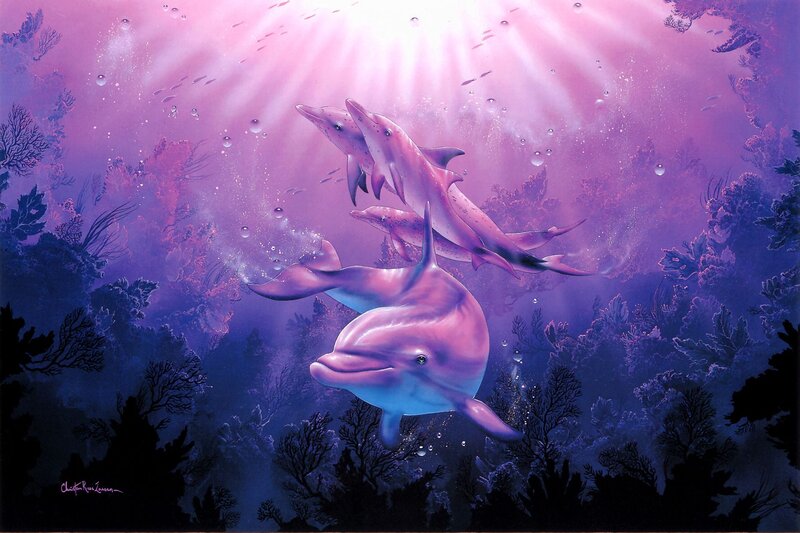 Dolphins in Coral Reef — Purple, Serene, Digital Art, Bubbles