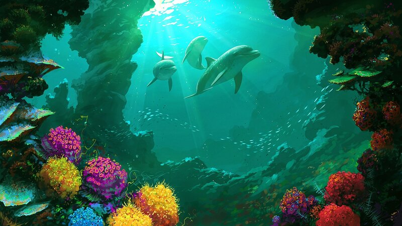 Dolphins in Coral Reef — Teal