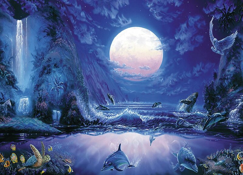 Dolphins in Ocean — Blue, Serene, Night, Digital Art