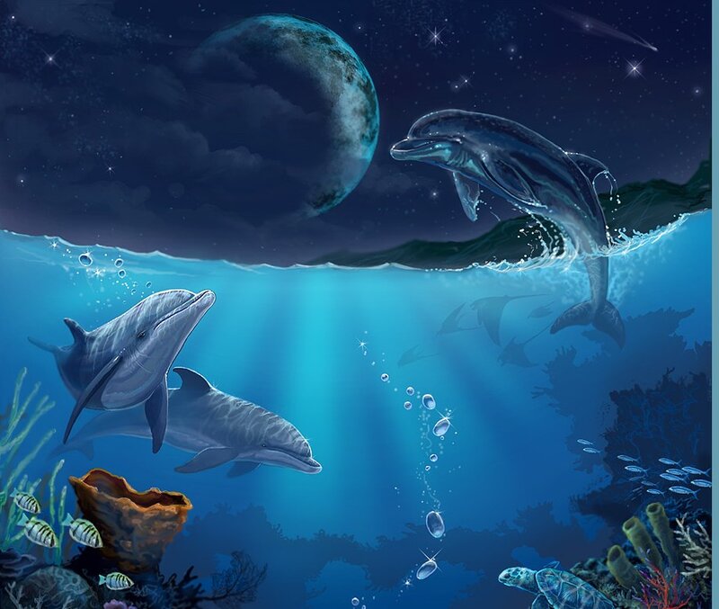 Dolphins in Ocean — Blue, Serene, Night
