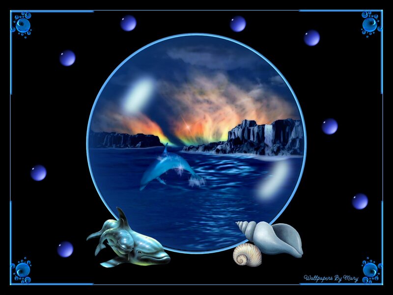 Dolphins in Ocean — Blue, Serene, Sunset, Digital Art, Seashells