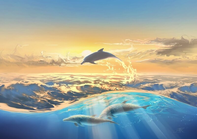 Dolphins in Ocean — Blue, Serene, Sunset, Digital Art, Sunrise