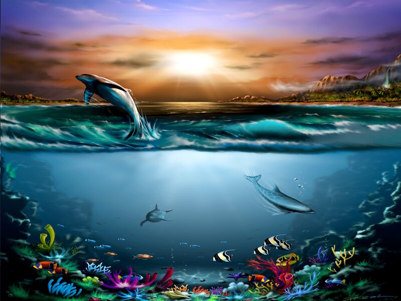 Dolphins in Ocean — Blue, Serene, Sunset, Digital Art