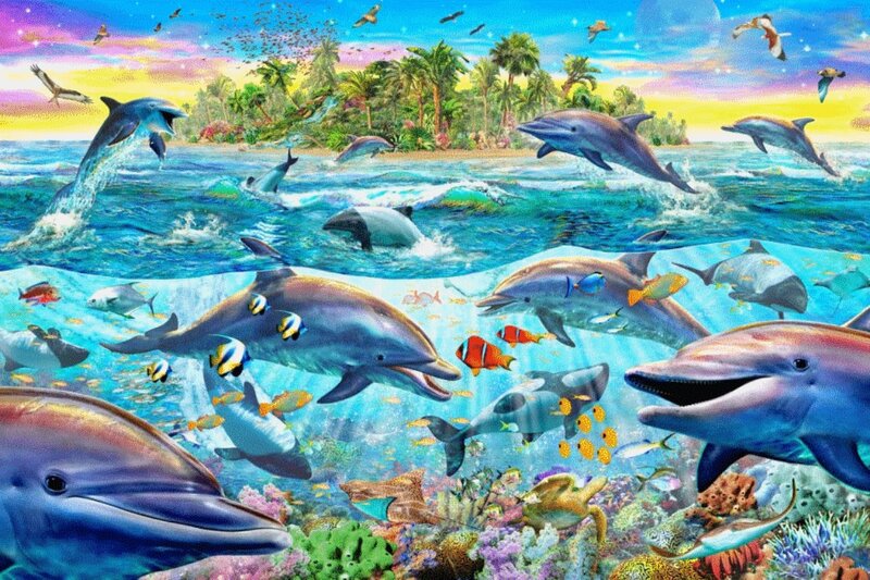 Dolphins in Ocean — Blue, Vibrant, Sunset
