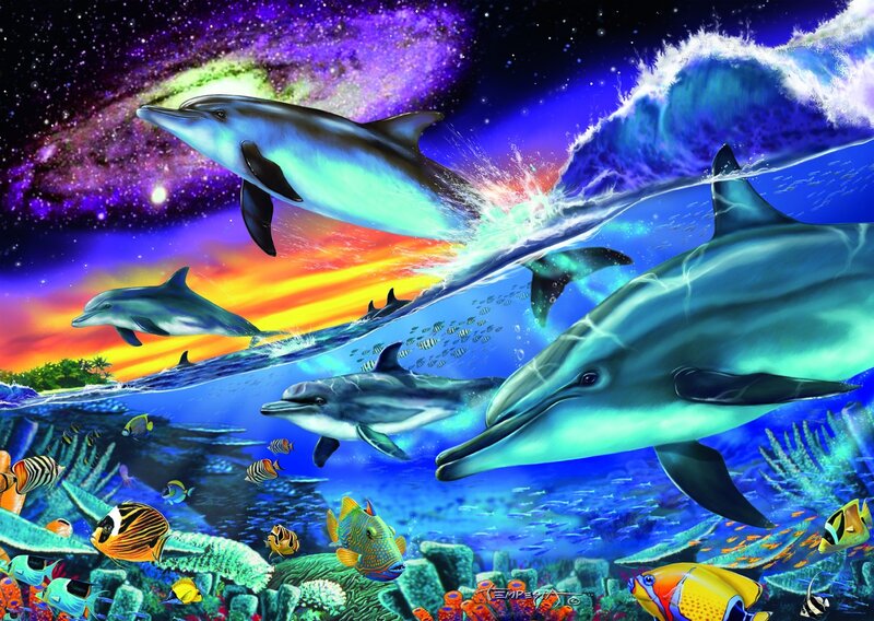 Dolphins in Ocean — Blue, Vibrant